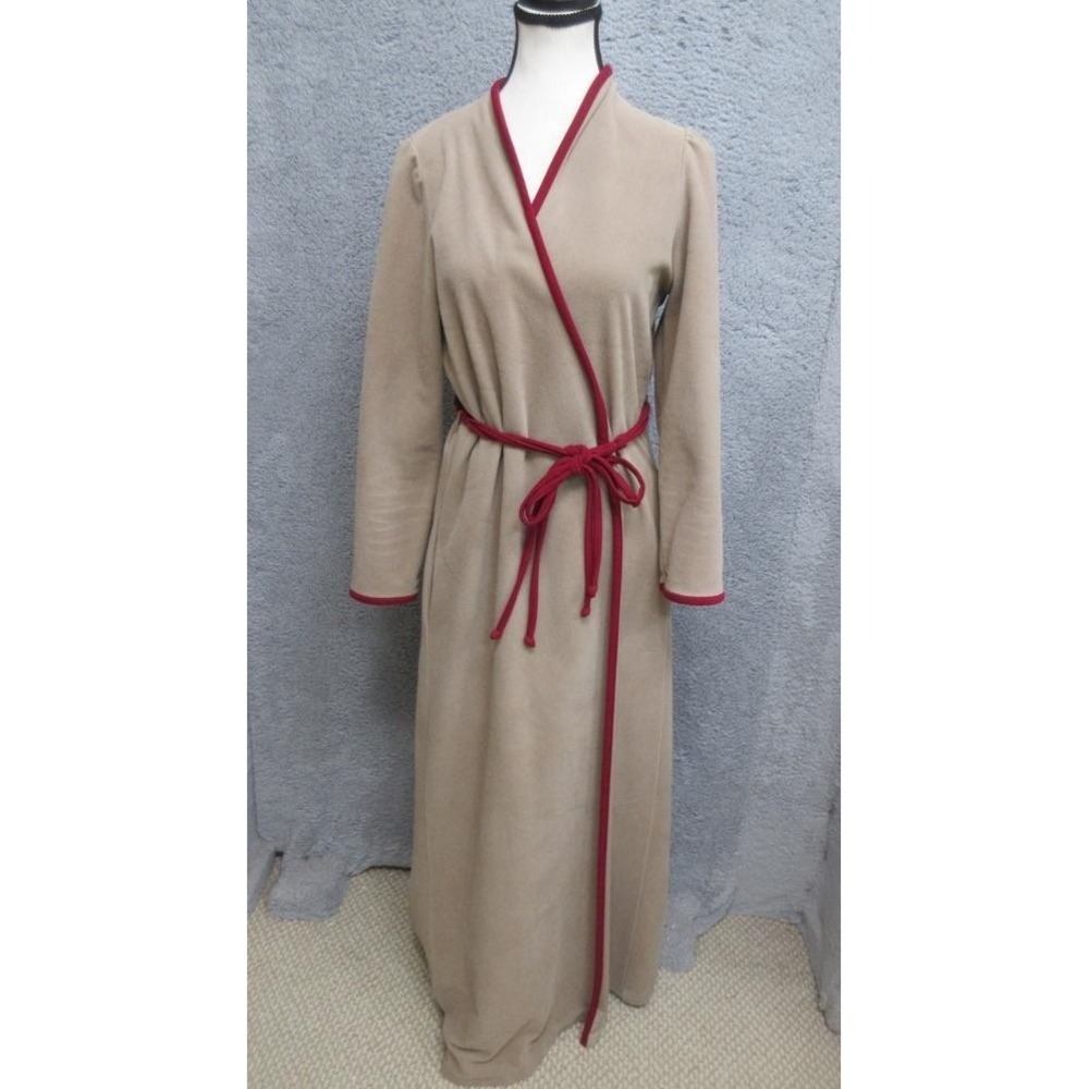 Vintage 70s Vanity Fair Robe Womens 12 Beige Red Trim‎ Belted Wrap Long
